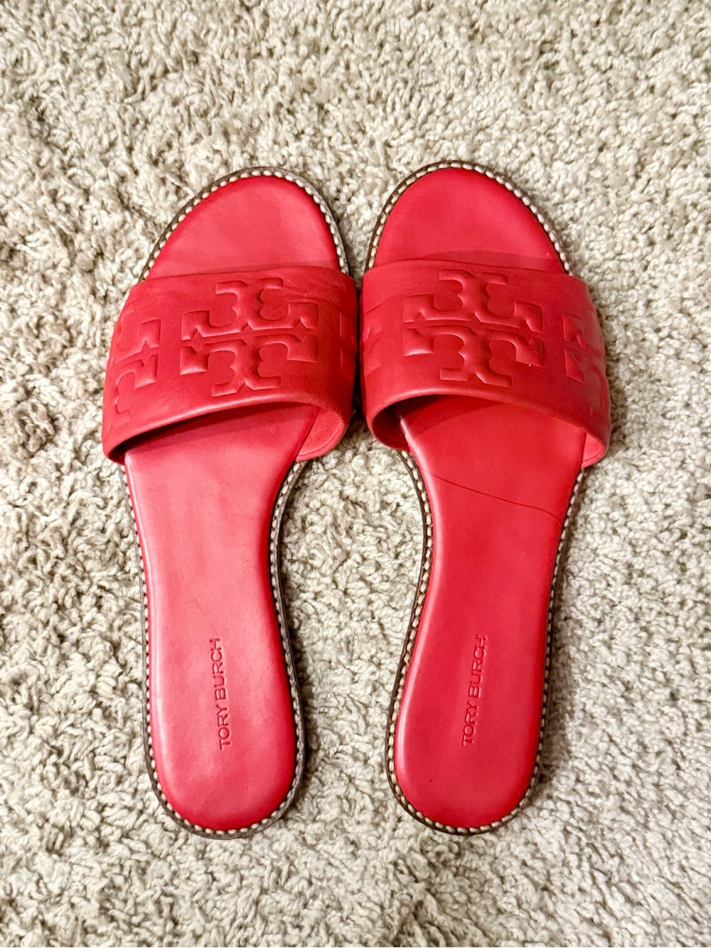 Tory Burch Red Leather Logo Slide Sandals